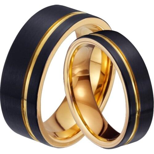 Custom Engraving Loop Tungsten Carbide Wedding Band 6mm/8mm Gold Line Ring Black Brushed Comfort Fit, price is for one ring