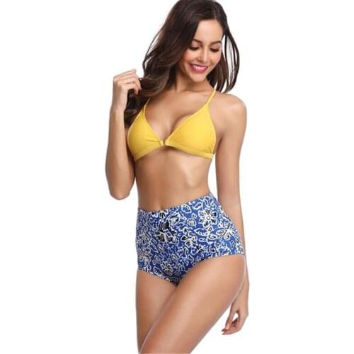 2PCS 7 Styles Print Bikini Set Summer Triangle Swimsuit for Women Push Up Padded Bandage Bathing Suit Floral Blue Beachwear