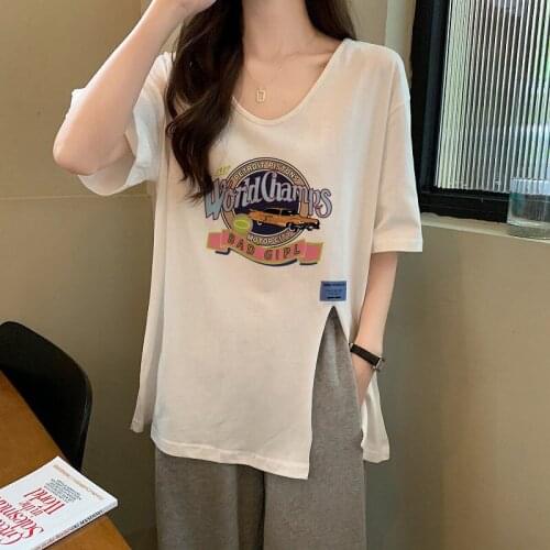 Summer Loose Letters Print Short Sleeve V-Neck Tee Korean Style Casual Plus Size Split T-shirt Femme Trendy TShirt Tops Mujer