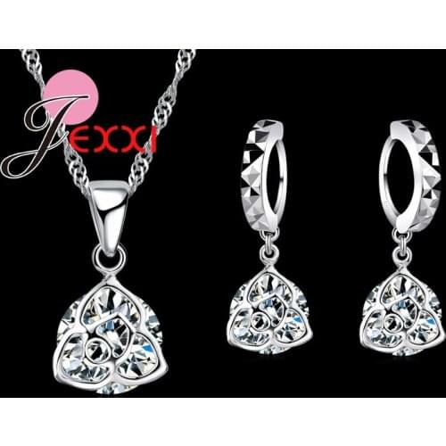 Fashion Shinning CZ Triangel Pendant Necklace Crystal Heart Drop Earrings Romantic Wedding Bride Jewelry Sets