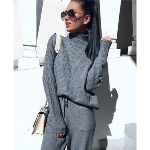 2020 New Knit Full Drawstring Suit Hot Russian Turtleneck Sweater And Pants Two-piece Women