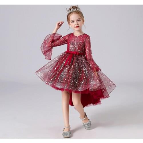 New Childrens Clothing Girls Wedding Dress Skirt Big Child Princess Dress Red Tail Host Birthday Party Banquet Dress