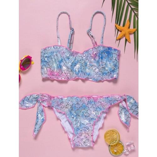Girls Swimwear Mermaid Print Swimsuit Child Adjustable Shoulder Straps Swimming Top Straps Self Tie Briefs Beach Bathing Suits