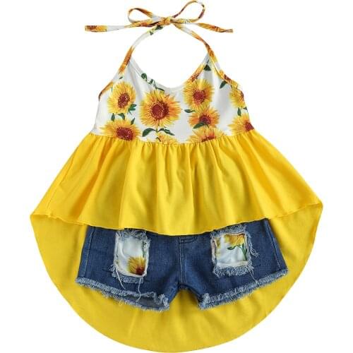 OPPERIAYA Summer Baby Girls Sunflower Print Clothes Set Sleeveless Irregular Hem Sling Tops Elastic Waist Ripped Denim Shorts