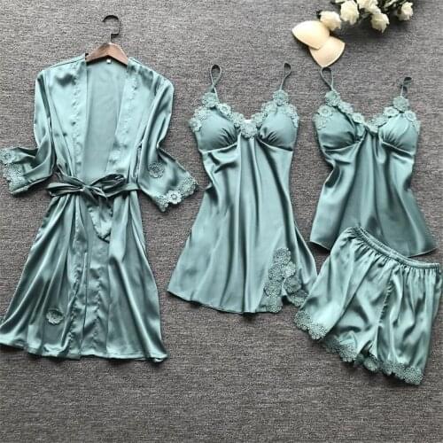 Pajamas For Women Lounge Wear Lingerie Set Sleepwear Sexy Split Pajamas Suit Sexy Lace New Four Piece Suit Pijamas De Mujer