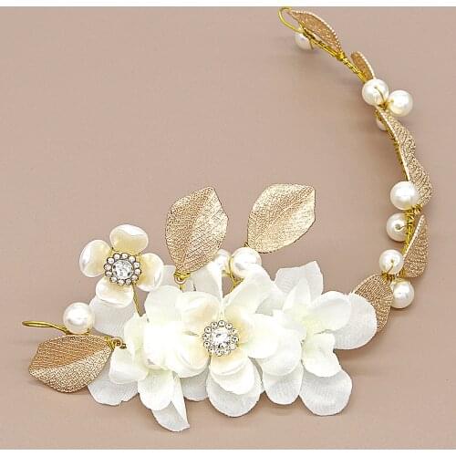Romantic Flower Crown Bride Wedding Bridesmaid Girls Hair Accessories Pearl Cloth Flower Gold Leaf Hairbands Hair Hoop Headdress