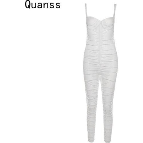 Quanss Mesh See Through Summer Black White Jumpsuits 2021 Women Club Wear Outfits Sexy Skinny One Piece Party Overalls