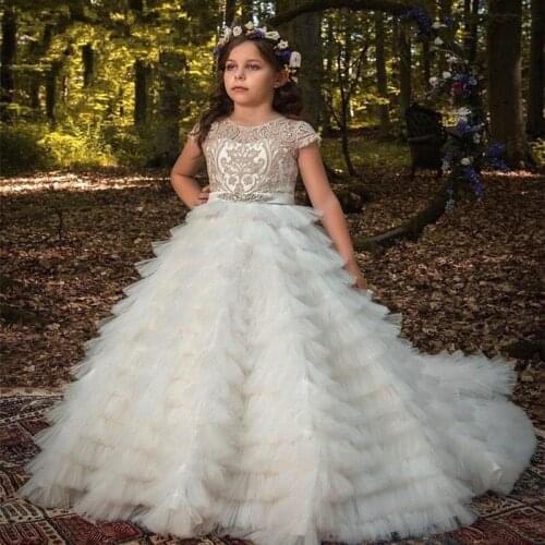 Luxurious Flower Girl Dress Lace Applique O-Neck Sleeveless Cascade Girl Pageant Dress Kids First Holy Communion Princess Dress