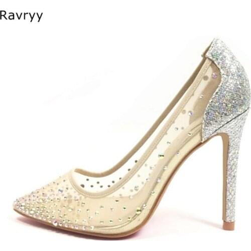 Bling Bling Luxury crystal shoes mesh woman silver high heel Pointed Toe Sexy Pumps slip-on female dress shoes party stiletto