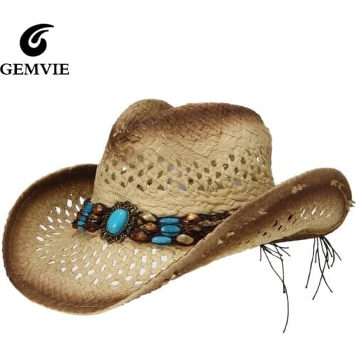 GEMVIE New Cowgirl Summer Hat Straw Hat for Women Bead Belt Western Cowboy Hat For Men Lady Trendy Woven Sun Hat Beach Cap