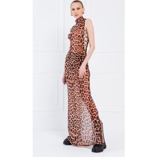 Nude Brown Leopard Patterned Maxi Tulle Dress 2021 New Season Creation Elegant Fashion Trend Casual Club Party Sexy Dresses