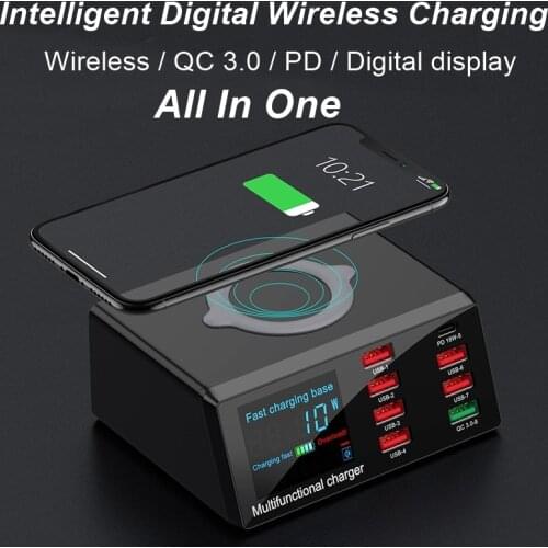 ILEPO 100W 8 Ports USB Charger Quick Charge 3.0 HUB Wireless Charger Charging Station PD Fast Charger For iPhone Samsung Huawei