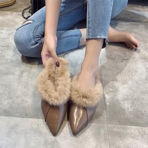 Winter Women Slippers Home Fur Slides For Women 2020 Pointed Toe Flat Sandals Fashion Mule Leather Footwear Slides Ladies Shoes