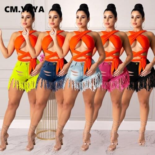 CM.YAYA Women Jeans Shorts Mid Waist Zip Pockets Tassel Elastic Denim Shorts Sexy Night Club Trousers High Street Summer 2021