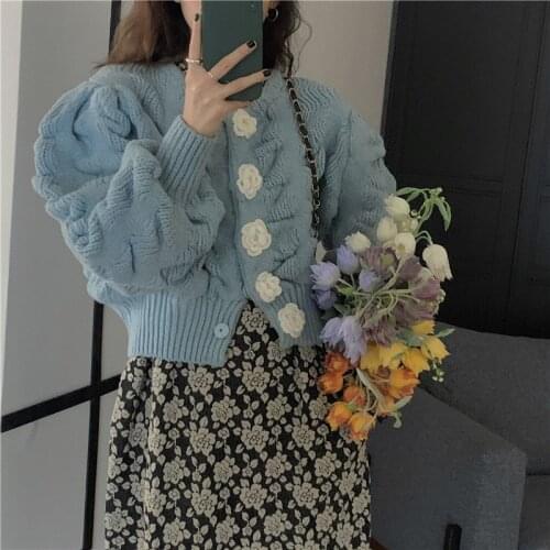 Alien Kitty Streetwear High Waist Stylish Feminine 2021 Florals Vintage New Chic Elegance Sweet Puff Sleeves Hot Women Sweaters