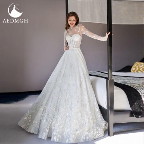 Aedmgh A-Line Romantic Wedding Dresses 2021 Illusion High Neck Long Sleeve Robe De Marige Gorgeous Appliques Vestido De Novia