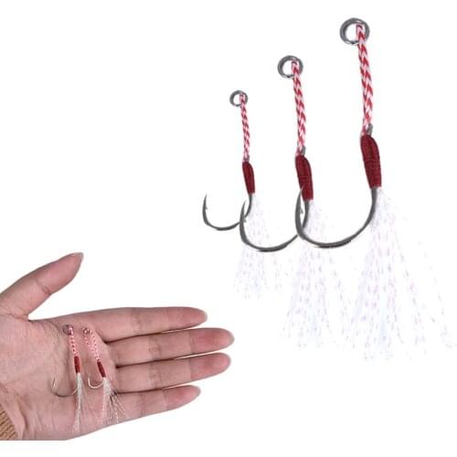 20Pcs/lot Fishing Lure Slow Jigging Fishing Cast Jigs Assist Hook Barbed Single Jig Hooks Thread Feather Pesca High Carbon Steel