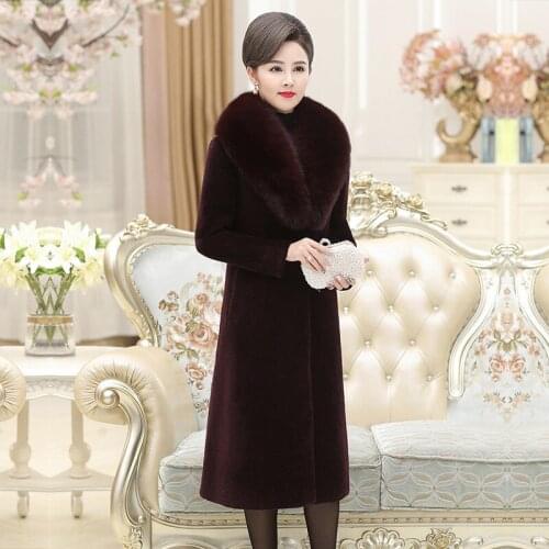2021Winter Women Fox Fur Collar Fur Fur Coat Mother Sheep Sheared Jacket Female Medium Long Slim Warm Lady Coat Parkas Outerwear
