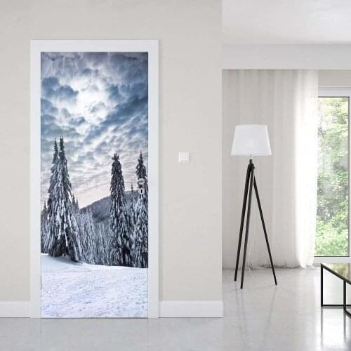 3D Door Sticker Winter Trees For Living Room Bedroom PVC Self Adhesive Wallpaper Vinyl Waterproof Wall Stickers