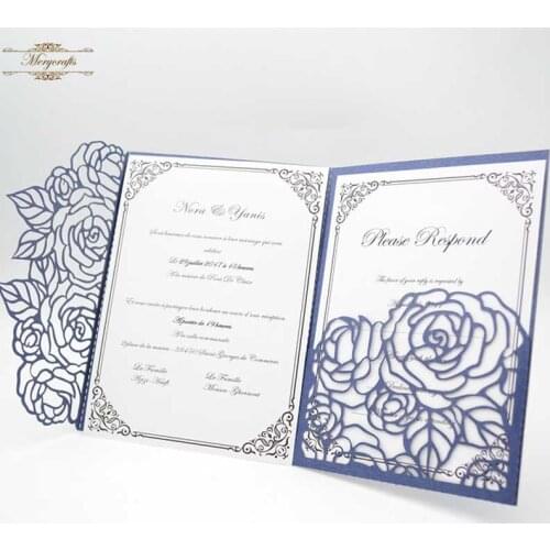 50pieces Rose red navy blue laser cut pocket folded card invitations for wedding