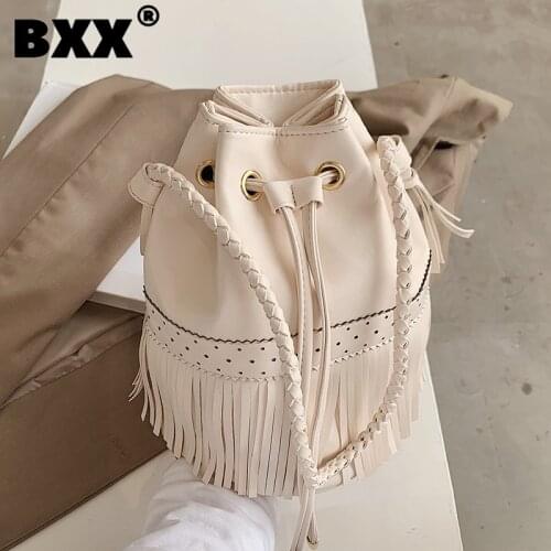 [BXX] Vintage PU Leather Bucket Bags For Women 2021 Fashion Branded Crossbody Shoulder Bag Lady Trend Handbags and Purses HQ912