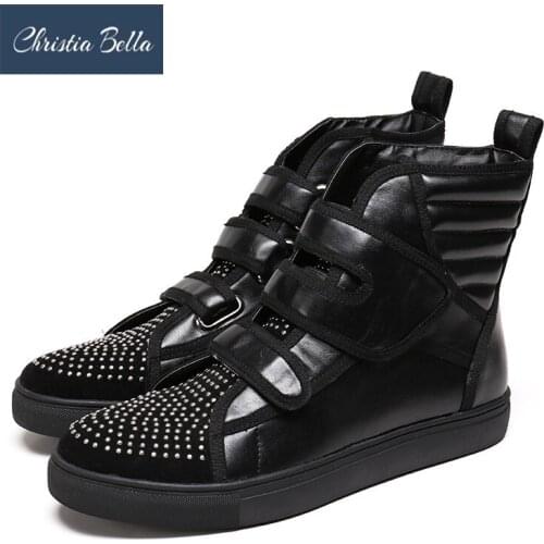 Christia Bella Winter Sequins Men Shoes Genuine Leather Boots Fashion Toe Boots Large Size Ankle Boots Buckle Strap Boots