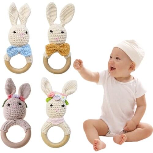 Baby Wooden Teether Ring DIY Crochet Bunny Rattle Soother Bracelet Infant Teething Molar Play Toys