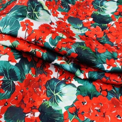 Geranium digital painting stretch satin fabric for summer dress bazin riche getzner telas por metro tissus au metre tissu tela