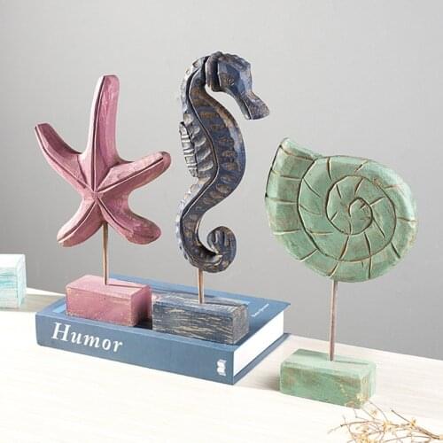 Mediterranean Style Wood Crafts Starfish Conch Seahorse Figurines Wooden Carving Miniatures Home Decor Table Sculptures Ornament