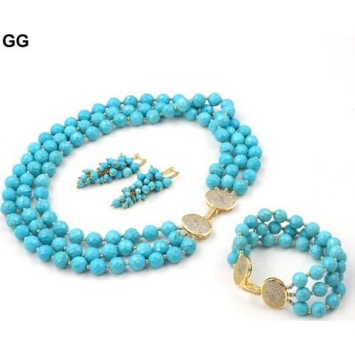 GuaiGuai Jewelry 3 Strands Blue Round Faceted Turquoises Gems Stone CZ Clasp Necklace Bracelet Earrings Sets Handmade For Women
