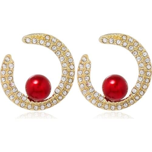 Mayjim Statement Fashion European American fashion metal simple versatile pearl inlaid diamond simple crescent Earrings