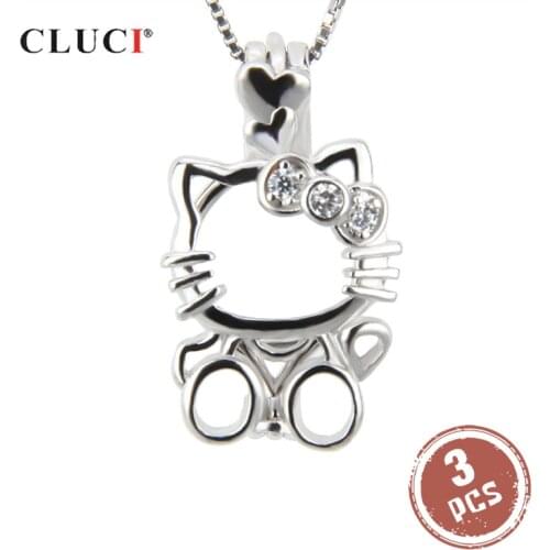 CLUCI 3pcs Silver 925 Lovely Cat Shaped Pearl Locket 925 Sterling Silver Charms Pendant Women Valentine Gift SC054SB
