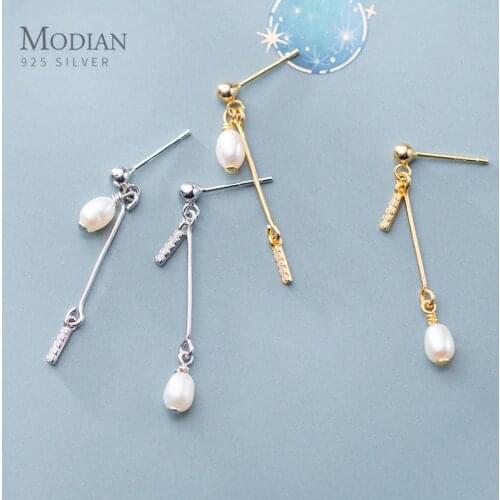 Modian Trendy 925 Sterling Silver Sparkling Zircon Short Stick Pearl Asymmetry Drop Earring for Women Korea Style Fine Jewelry