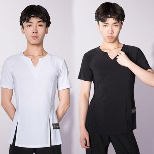 Latin Dance Wear Mens Ballroom Dance Tops Short Sleeve Shirt Cotton V-neck Summer Dancing Practice Clothes Fitness T-Shirt 3424