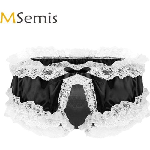Mens Sexy Panties Open Crotch Shiny Frilly Ruffled Lace Satin Lingerie Sissy Bikini Briefs Exotic Male Gay Crotchless Underwear