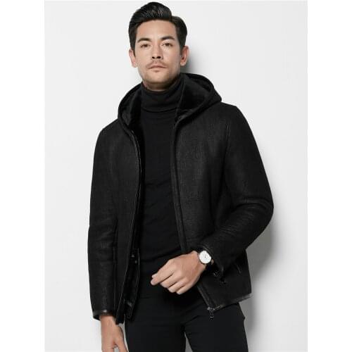 New Fur Mens Genuine Leather Jacket Sheepskin Short Hooded Fur Coat Men Leather Jacket