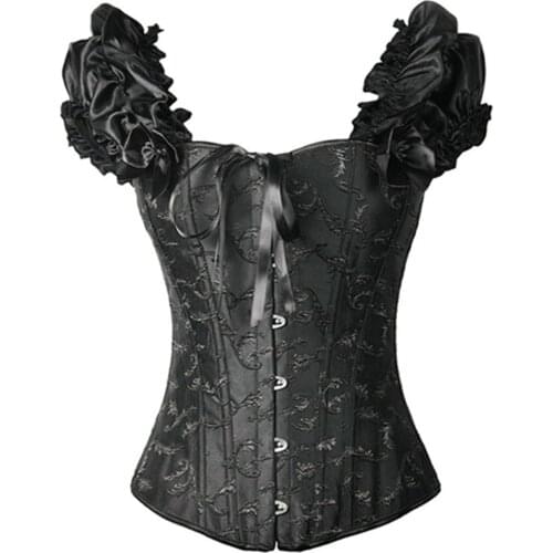 Wholesale Hot Sale Black/White Ruffled Sleeves Body Shapewear Embroidered Floral Corset Bridal Bustier With G String