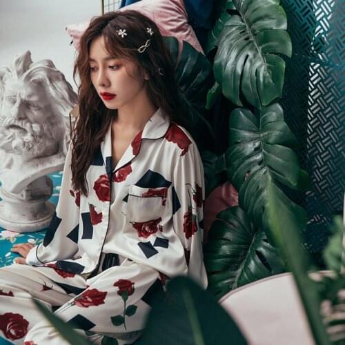 Pajamas Women Spring and Summer Thin Ice Silk Two-piece Suit Long-sleeved Trousers Printed Fashion Pajamas