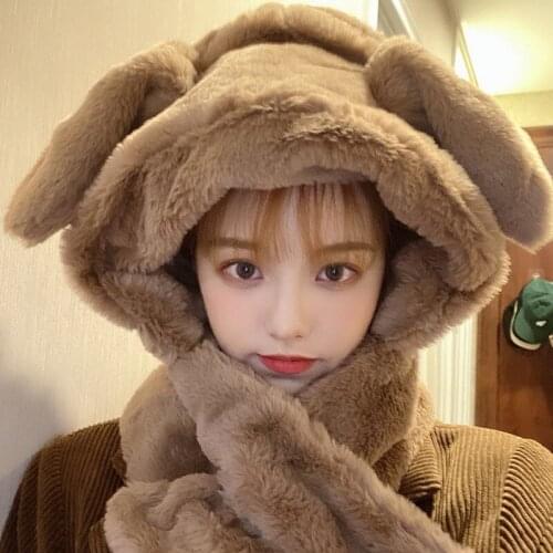 Hat Women 's Autumn and Winter Cute Rabbit Ears Scarf Integrated Scarf Earflaps Warm Internet Celebrity