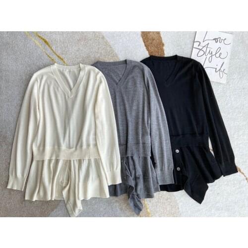 New ladies fashion 2021 long sleeve sexy fake two piece v-neck sweater 1211