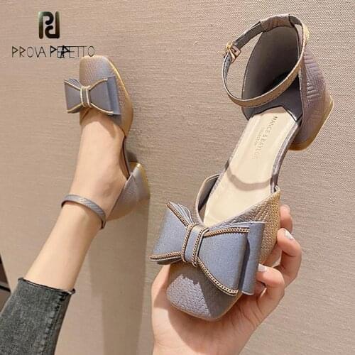 Square Toe Bowknot Mary Jane Thick-heeled Shoes Summer Gradient Blue Buckle Sweet and Gentle Mid-heel Sandals