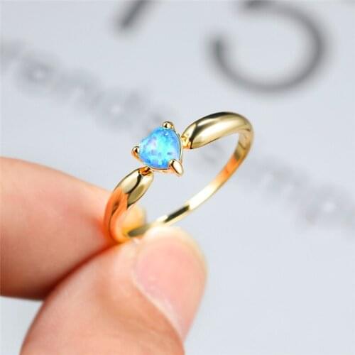 Vintage Female Blue Opal Stone Ring Classic Gold Color Thin Wedding Rings For Women Charm Love Heart Engagement Ring