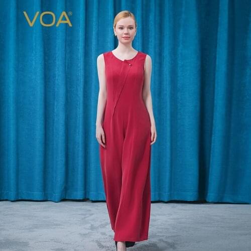 VOA 30m/m Silk Sleeveless Asymmetric Beading Rear Zipper Cougar Red Wide-leg Jumpsuit Summer Streetwear Women Pants KE506