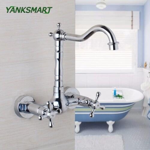 YANKSMART Swivel Wall Mounted Double Handles Chrome Brass Bathroom Basin Tub Faucet Vanity Sink Mixer Tap w/ 2 Holes