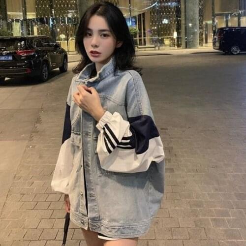 2021 Korean Color Contrast Loose Thin Stitching Retro Denim Women Clothion Tassel Stand-up Collar Fashion Spring Single-breasted