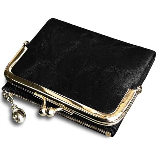 Womens Short Wallet Bifold Retro Multifunction Coin Purse with Zip and Kiss Lock Black
