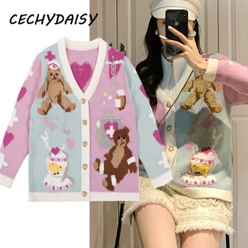 Women Sweater Cardigans Autumn Winter Clothes Fashion V-Neck Single Breasted Sweet Love Bear Jacquard Loose Casual Knit Outwear