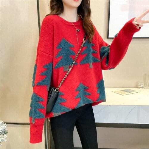 2020 Winter New Womens Korean Loose Sweater Retro Christmas Tree Sweater Outer Wear Round Neck Sweater Womens Sweaters