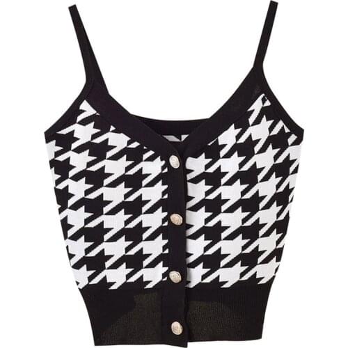 2021 Summer casual single-breasted houndstooth knit camisole womens outer knit cami top sweater plaid V-neck top Camis