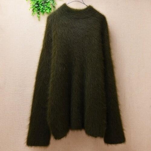 Ladies women winter thick warm hairy plush mink cashmere knitted o-neck long sleeves loose pullover angora fur jumper sweater